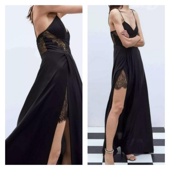 ZARA Black Lace Satin High Slit Cutout Formal Maxi Dress Large Blogger Favorite - Picture 5 of 6